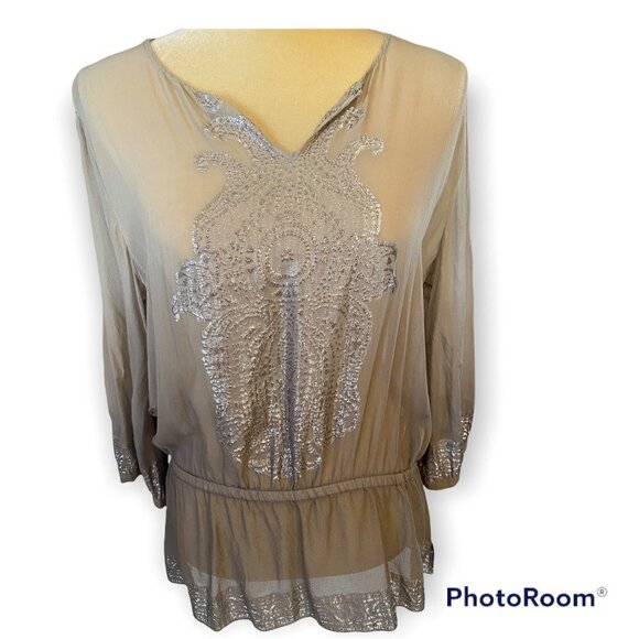 Chico's long sleeve silk metalic detail sheer top, size 1 medium/8 - Picture 5 of 11